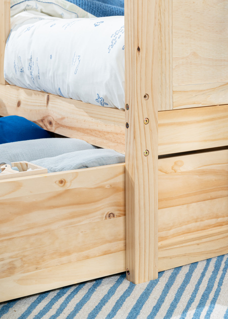 House bed with rails  & drawer - Natural wood