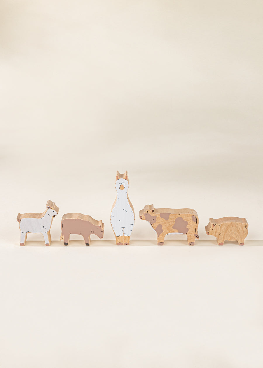 Set of 5 Barn Animals on Wooden Plate